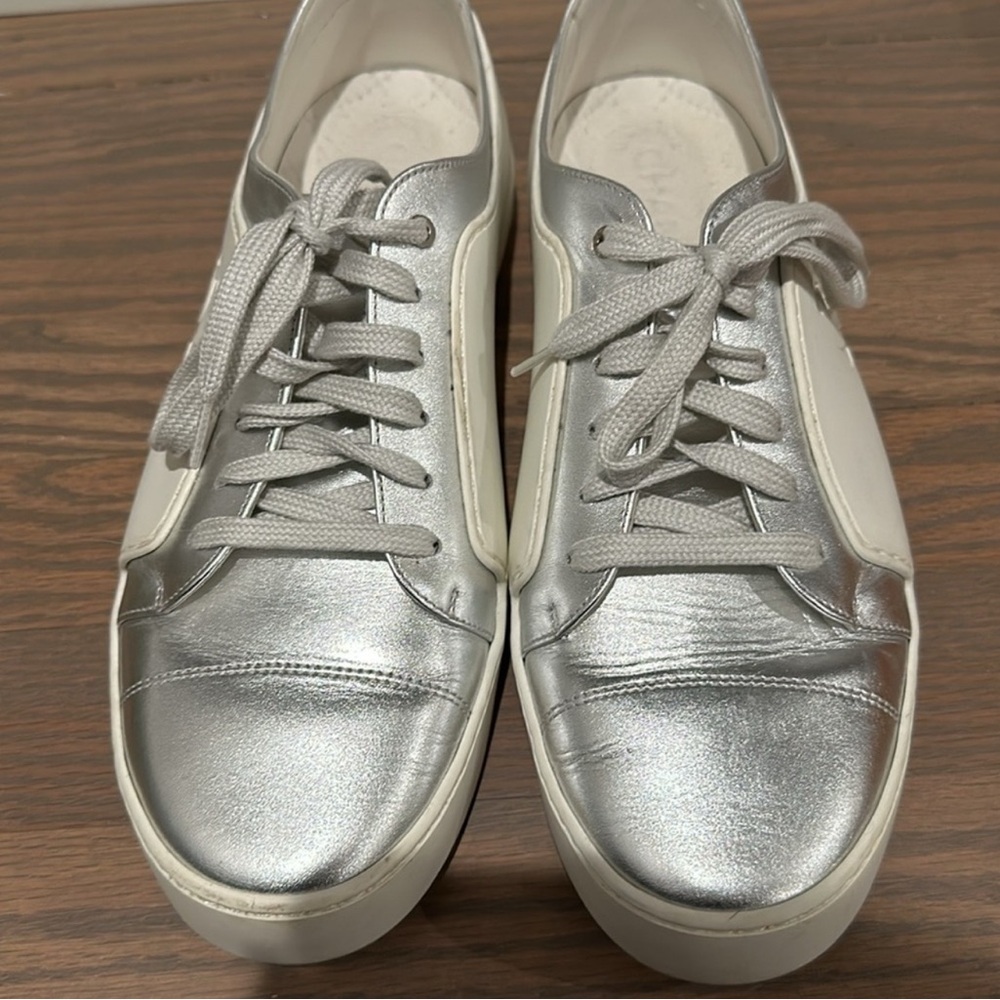 CHANEL Silver and White Reflective Sneakers with Minimalist Design - Picture 8 of 8